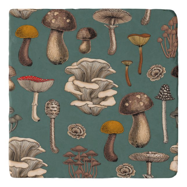 Wild Mushrooms  on pine green Trivet (Front)