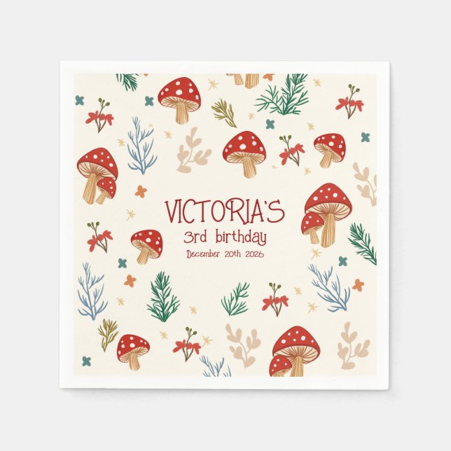 Wild Mushrooms Whimsical Forest Birthday Party Napkins (Front)