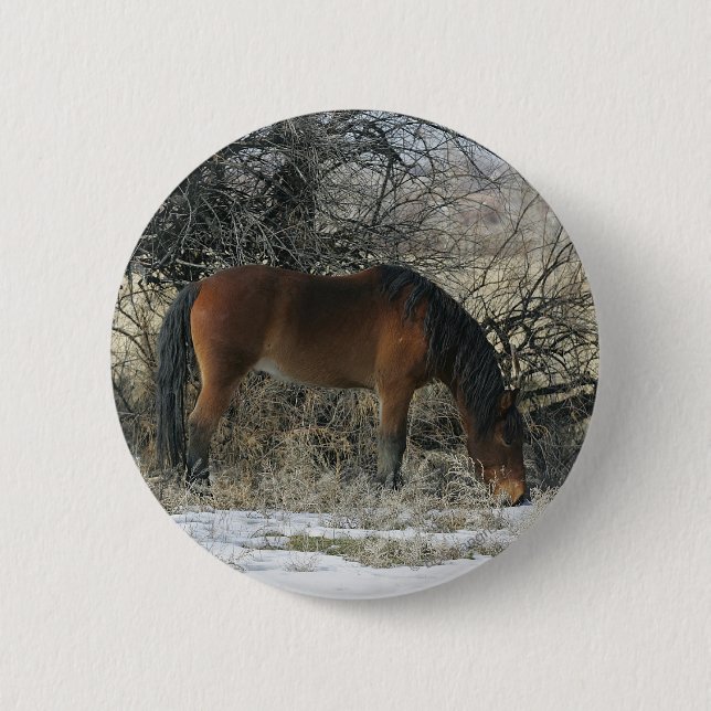 Wild Mustang Horse in the Snow 1 Button (Front)