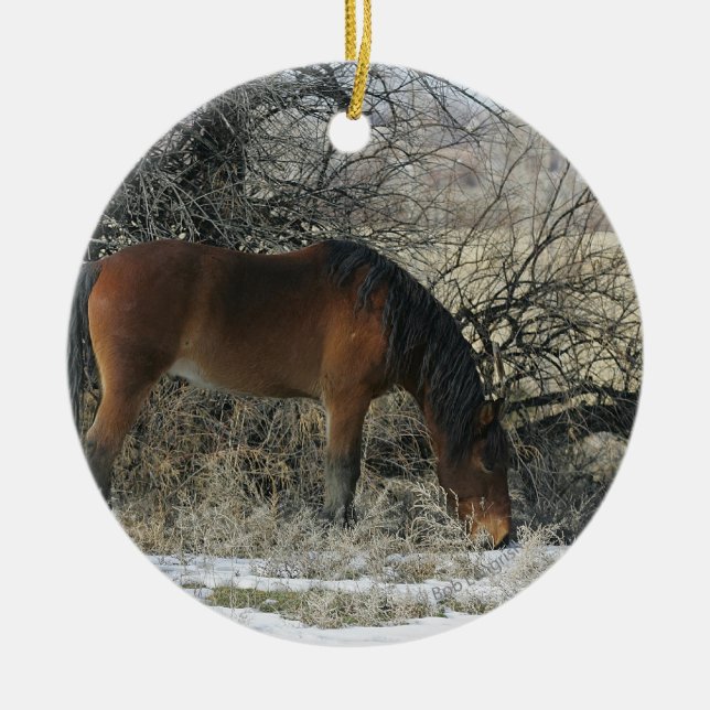 Wild Mustang Horse in the Snow 1 Ceramic Ornament (Front)