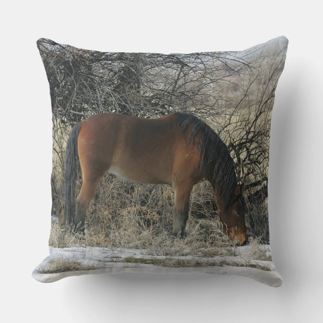 Wild Mustang Horse in the Snow 1 Throw Pillow (Front)