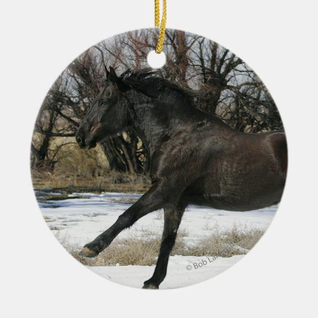 Wild Mustang Horse in the Snow 2 Ceramic Ornament (Front)