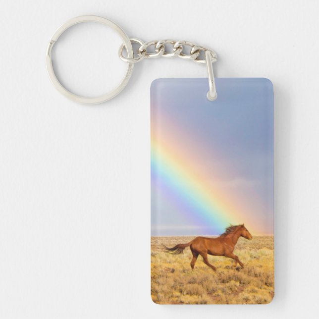 Wild Mustang Horse Running and Rainbow Keychain (Front)