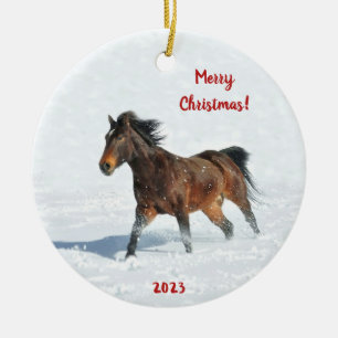 Wild Mustang Horse Running in the Snow Ceramic Ornament
