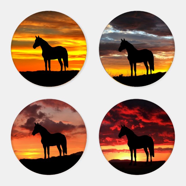 Wild Mustang Horse Silhouette at Sunset Coaster Set (Set)