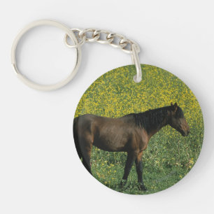 Wild Mustang Horse Standing in Flowers Keychain