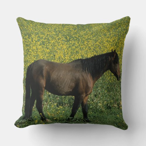 Wild Mustang Horse Standing in Flowers Throw Pillow
