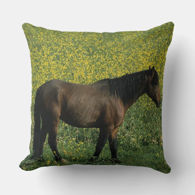 Wild Mustang Horse Standing in Flowers Throw Pillow (Front)