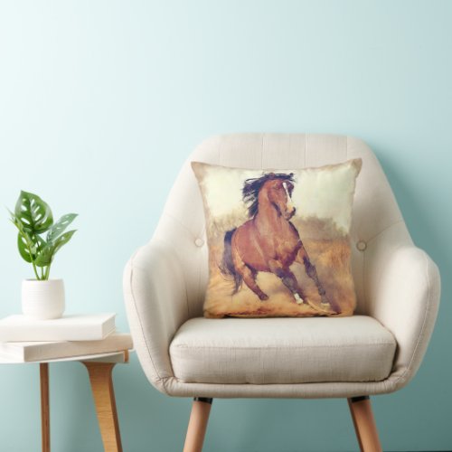 Wild Mustang Horse Watercolor Art Painting Throw Pillow