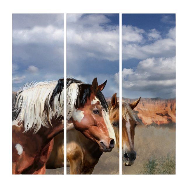 Wild Mustang Horses in a Western Setting. Triptych (Front)