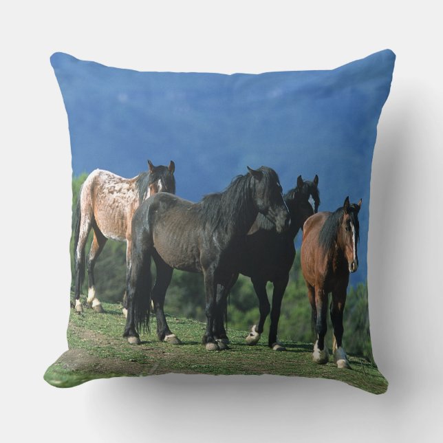 Wild Mustang Horses in the Mountains Throw Pillow (Front)