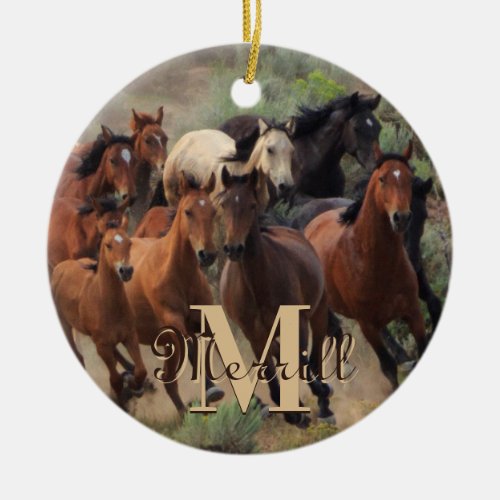 Wild Mustang Horses Monogram Ceramic Ornament