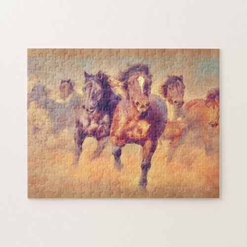 Wild Mustang Horses Stampede Watercolor Art Jigsaw Puzzle
