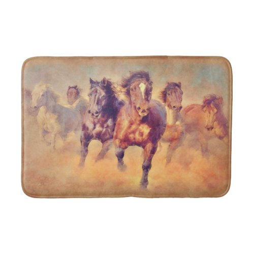 Wild Mustang Horses Stampede Watercolor Bathroom Mat