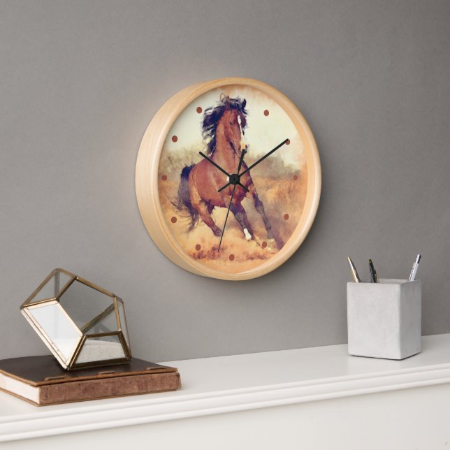 Wild Mustang Horses Stampede Watercolor Clock (Office)