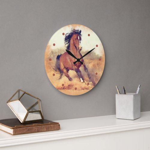 Wild Mustang Horses Stampede Watercolor Large Clock