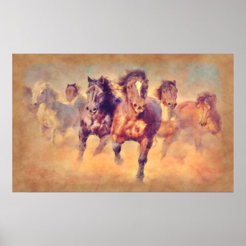 Wild Mustang Horses Stampede Watercolor Poster