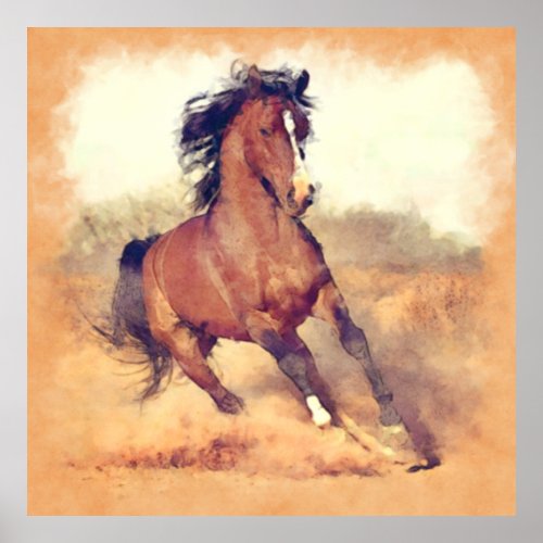 Wild Mustang Horses Stampede Watercolor Poster