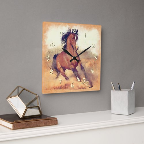 Wild Mustang Horses Stampede Watercolor Square Wall Clock