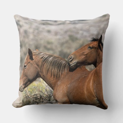 Wild Mustang Horses Touching Throw Pillow