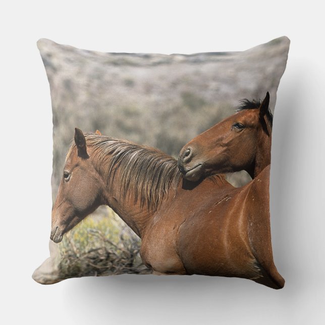 Wild Mustang Horses Touching Throw Pillow (Front)