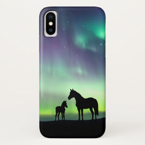 Wild Mustang Mare and Foal Silhouette With Aurora iPhone XS Case