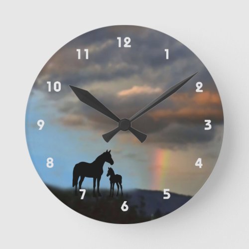 Wild Mustang Mare and Foal Silhouette With Rainbow Round Clock