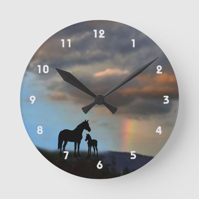 Wild Mustang Mare and Foal Silhouette With Rainbow Round Clock (Front)