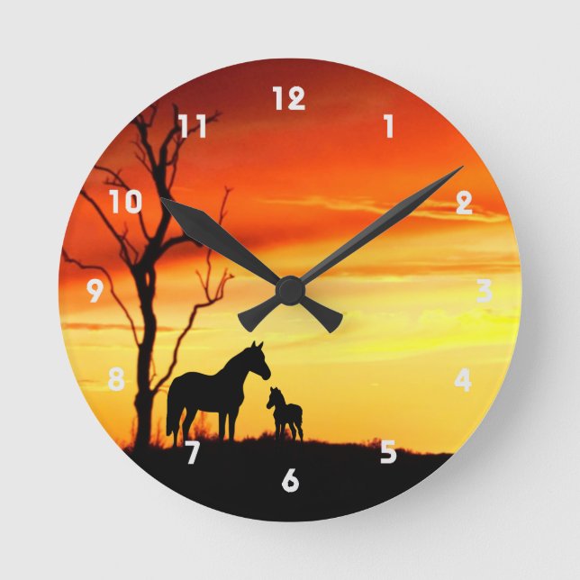 Wild Mustang Mare and Foal Silhouette With Sunset Round Clock (Front)