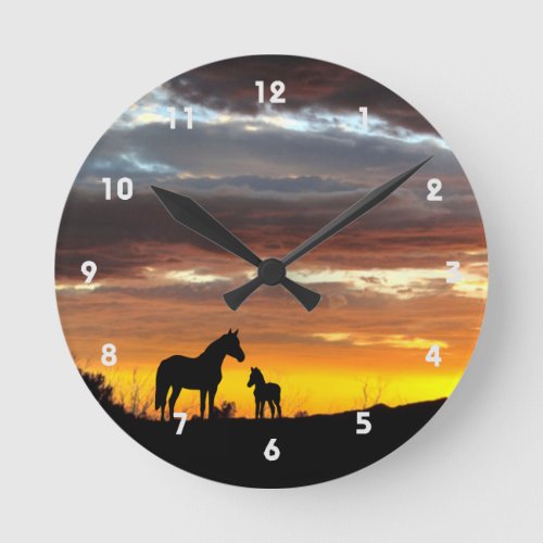 Wild Mustang Mare and Foal Silhouette With Sunset Round Clock