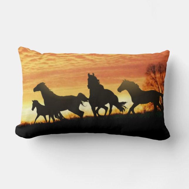 Wild Mustangs and Tooled Leather Lumbar Pillow (Front)