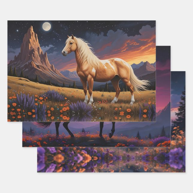 Wild mustangs Colorful night sky wildflowers Wrapping Paper Sheets (Set)