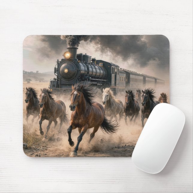 Wild Mustangs Running Alongside Vintage Train Mouse Pad (With Mouse)