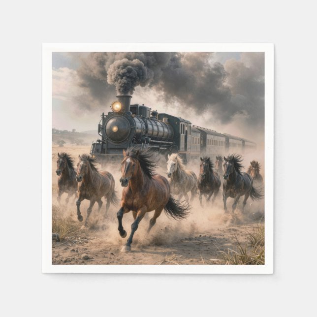 Wild Mustangs Running Alongside Vintage Train Napkins (Front)