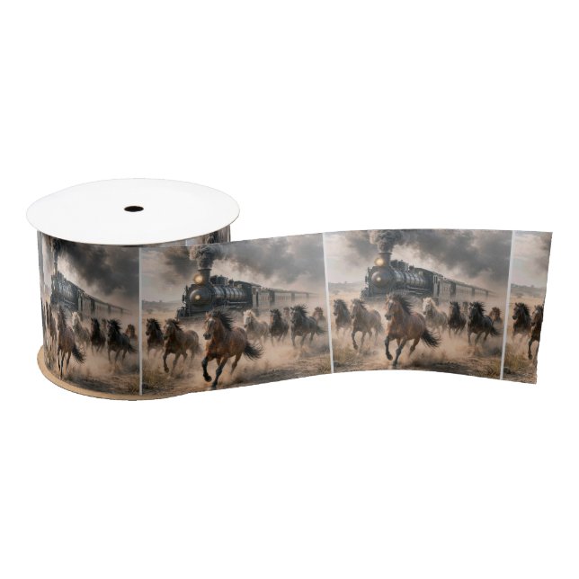 Wild Mustangs Running Alongside Vintage Train Satin Ribbon (Spool)