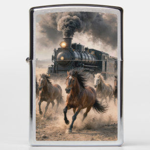 Wild Mustangs Running Alongside Vintage Train Zippo Lighter