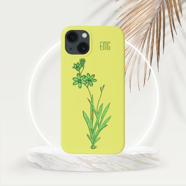 Wild Narcissus in Green  Case-Mate iPhone Case (Wild Narcissus in Green on a Yellow Background with Customizable Monogram Phone Case)
