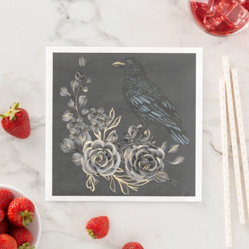 Wild Nature Blackbirds Roses  Raven Paper Dinner Napkins