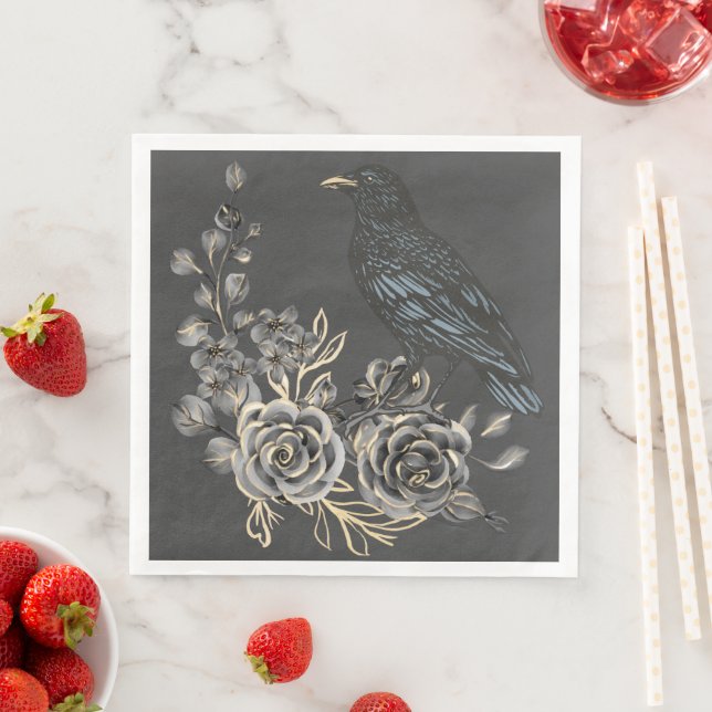 Wild Nature Blackbirds Roses & Raven Paper Dinner Napkins (Insitu)