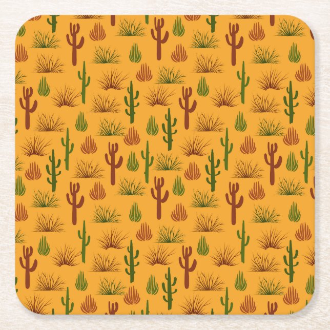 Wild Nature Cactus Bushes Pattern Square Paper Coaster (Front)