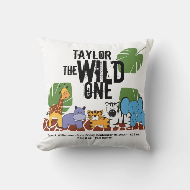 Wild On Safari Jungle baby Birth Stats Throw Pillow (Front)