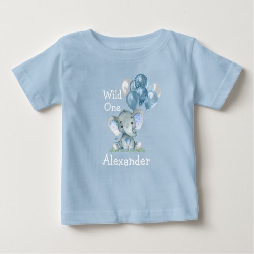 Wild One 1st Birthday Baby Elephant Balloons Blue Baby T_Shirt