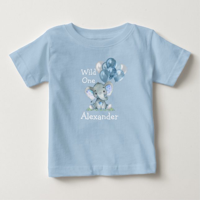Wild One 1st Birthday Baby Elephant Balloons Blue T-Shirt (Front)