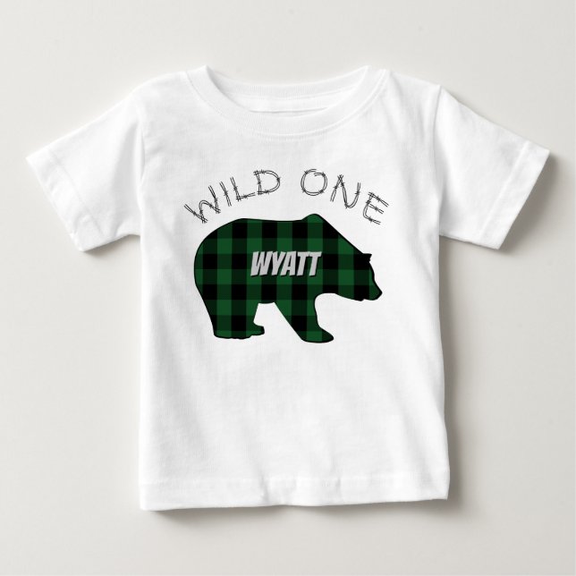 Wild One 1st Birthday Bear Green Lumberjack Plaid Baby T-Shirt (Front)