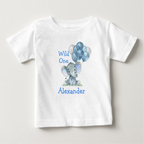 Wild One 1st Birthday Blue Baby Elephant Balloons Baby T_Shirt