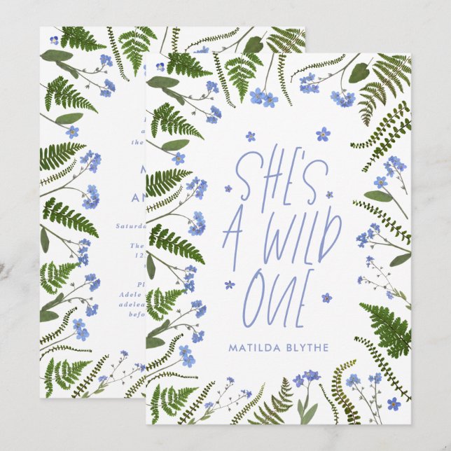 Wild one 1st birthday blue floral fern botanical invitation (Front/Back)