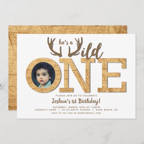 Wild One 1st Birthday Boy Photo Invitation