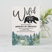 Wild one 1st birthday boy rustic mountains forest invitation (Standing Front)