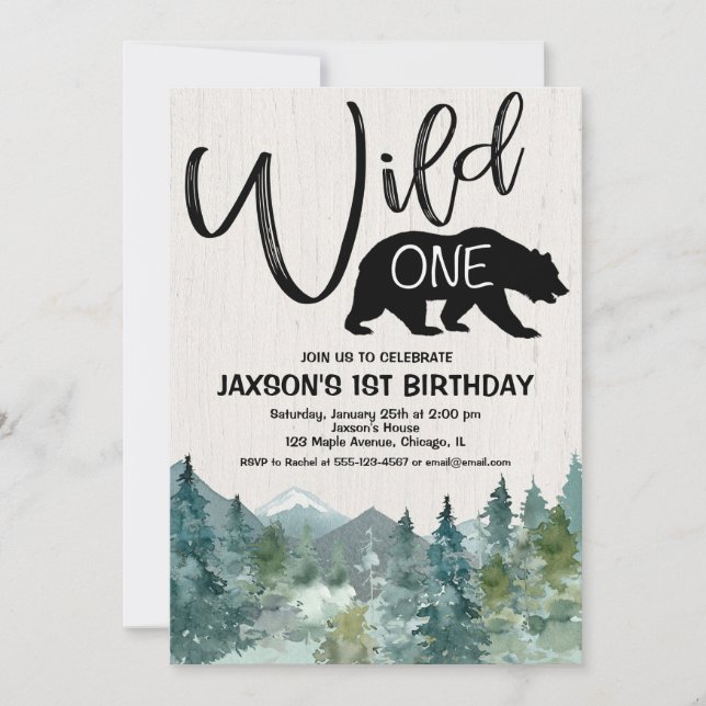Wild one 1st birthday boy rustic mountains forest invitation (Front)