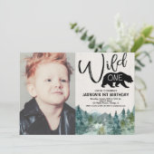 Wild one 1st birthday boy rustic outdoors photo invitation (Standing Front)